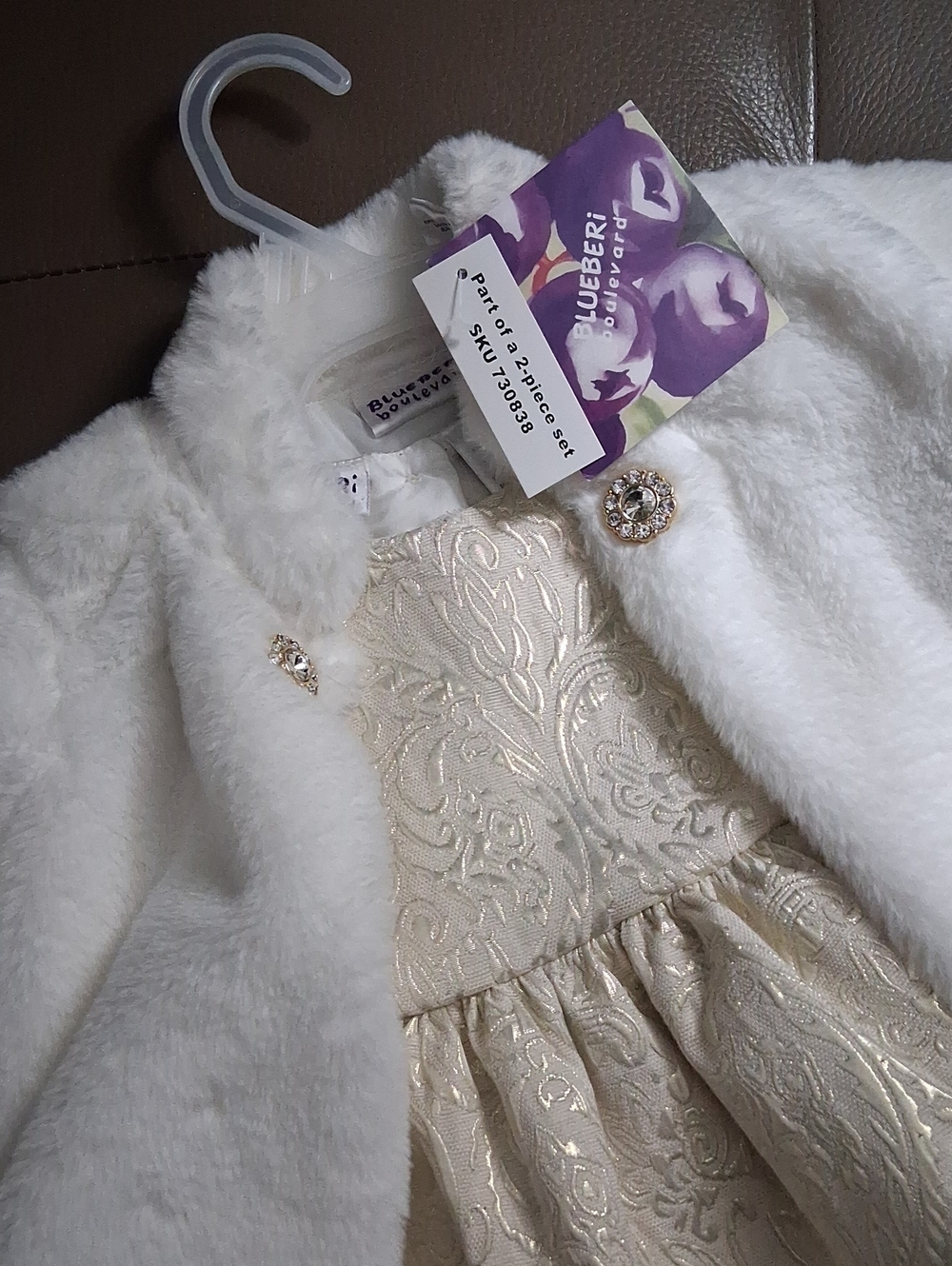 Blueberi Boulevard White Faux Fur Coat with Gold Brocade Dress